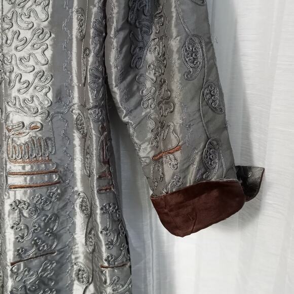 Vintage TANG JACKET Silk Satin Gray Brown Embellished Long Suit Coat Large XL - Picture 7 of 10